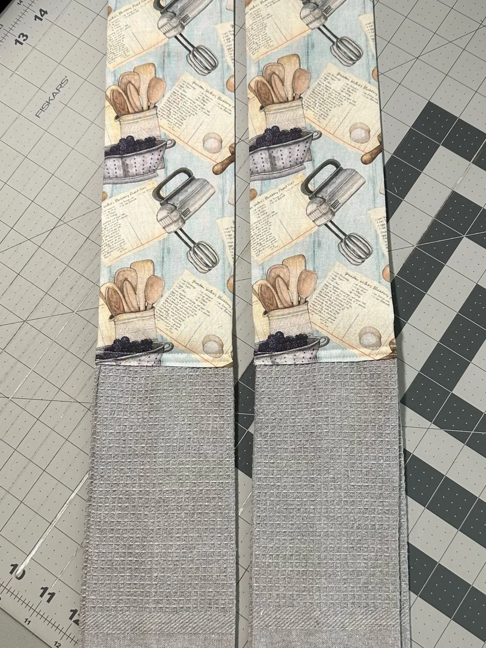 Handmade Kitchen Scarf - Baking Print with Gray Towel